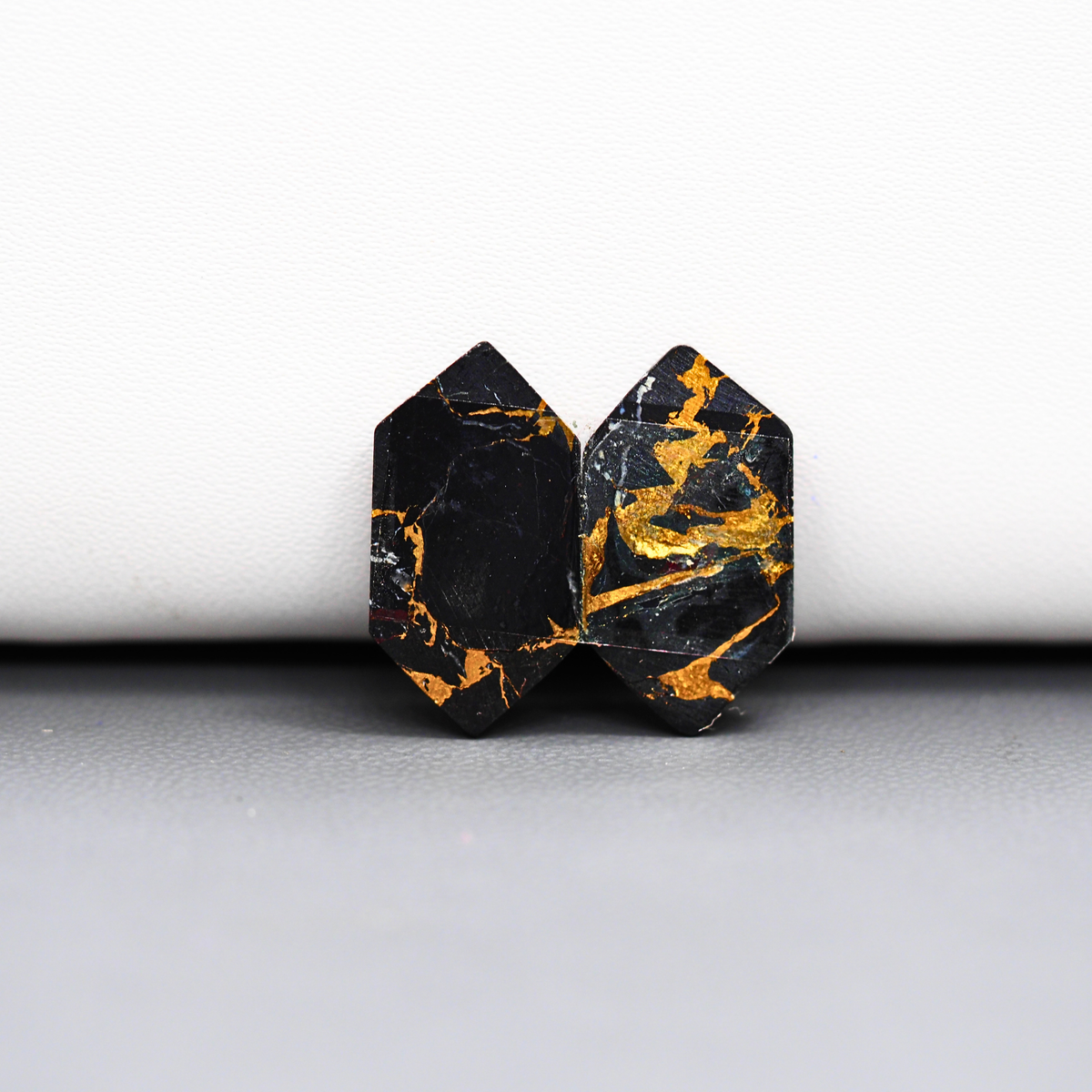Kingman Black Buffalo Copper Composite Hexagon Cabochon Pair 20x11x3mm 12ct - black stone with bright copper veins - Pedra Gems
