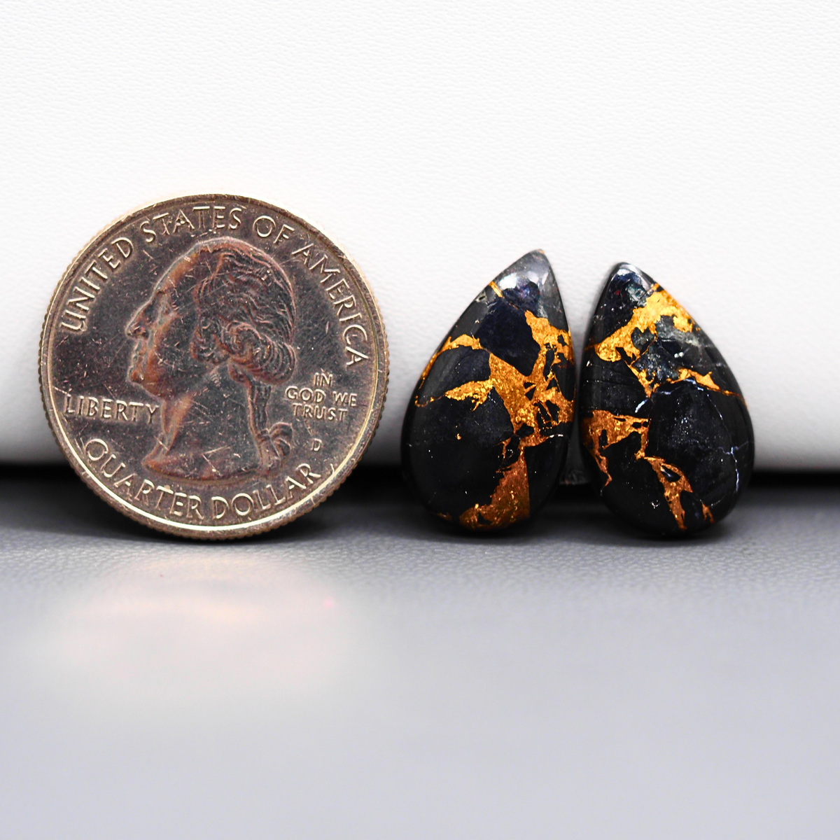 Kingman Black Buffalo Copper Composite Pear Cabochon Pair 20x12x3mm 13ct - black stone with bright copper veins - Pedra Gems