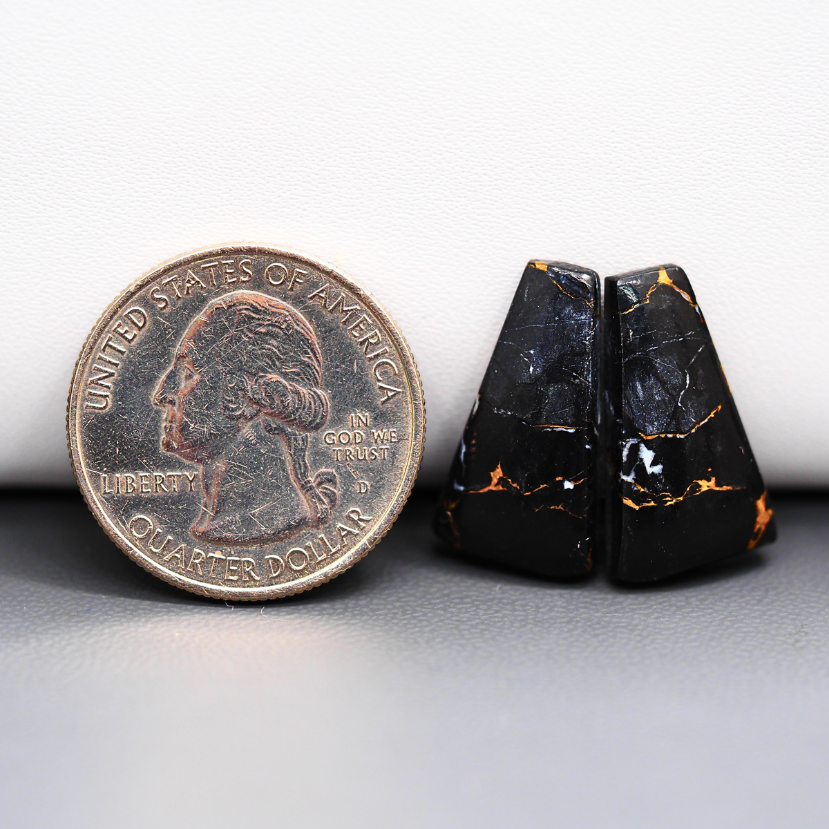 Kingman Black Buffalo Copper Composite Trapezoid Cabochon Pair 21x12x3mm 15ct - black stone with bright copper veins - Pedra Gems