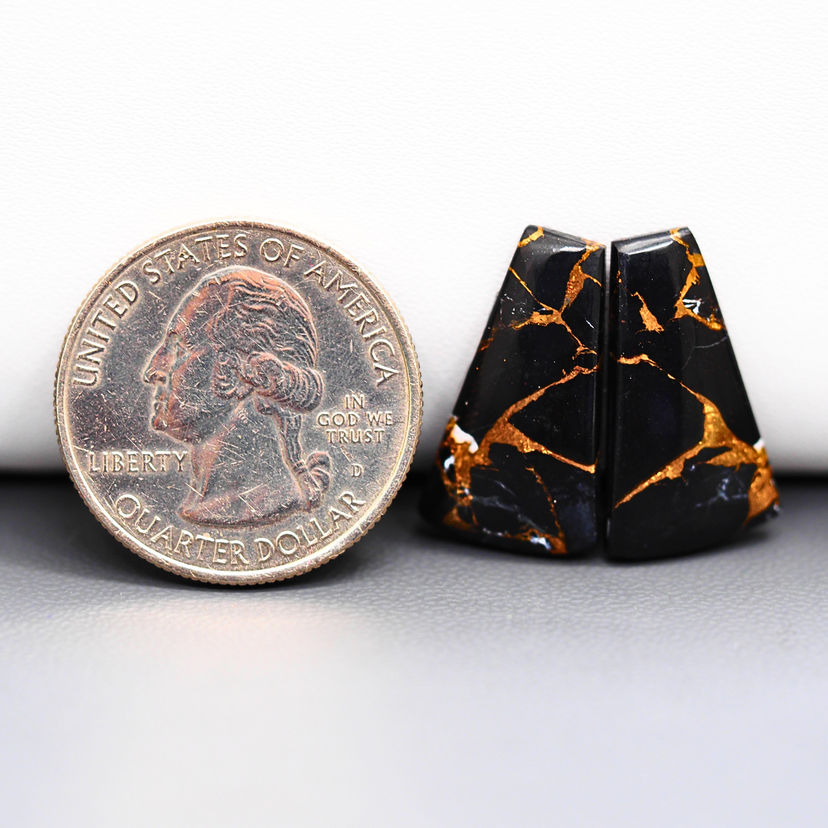 Kingman Black Buffalo Copper Composite Trapezoid Cabochon Pair 22x12x3mm 13.5ct - black stone with bright copper veins - Pedra Gems