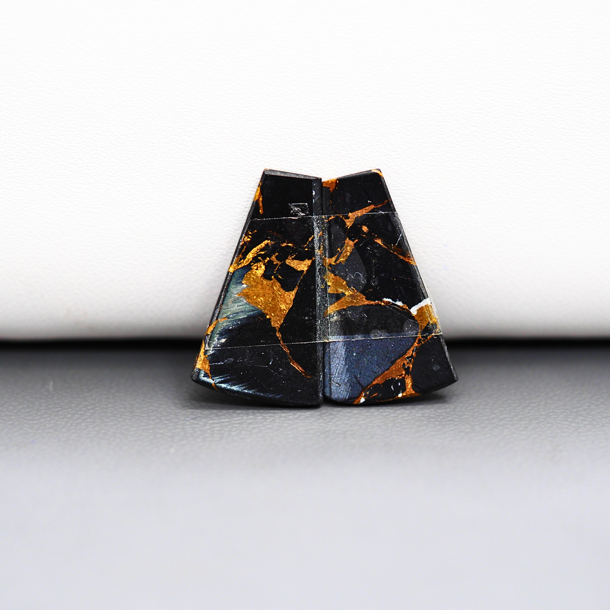 Kingman Black Buffalo Copper Composite Trapezoid Cabochon Pair 22x12x3mm 13.5ct - black stone with bright copper veins - Pedra Gems