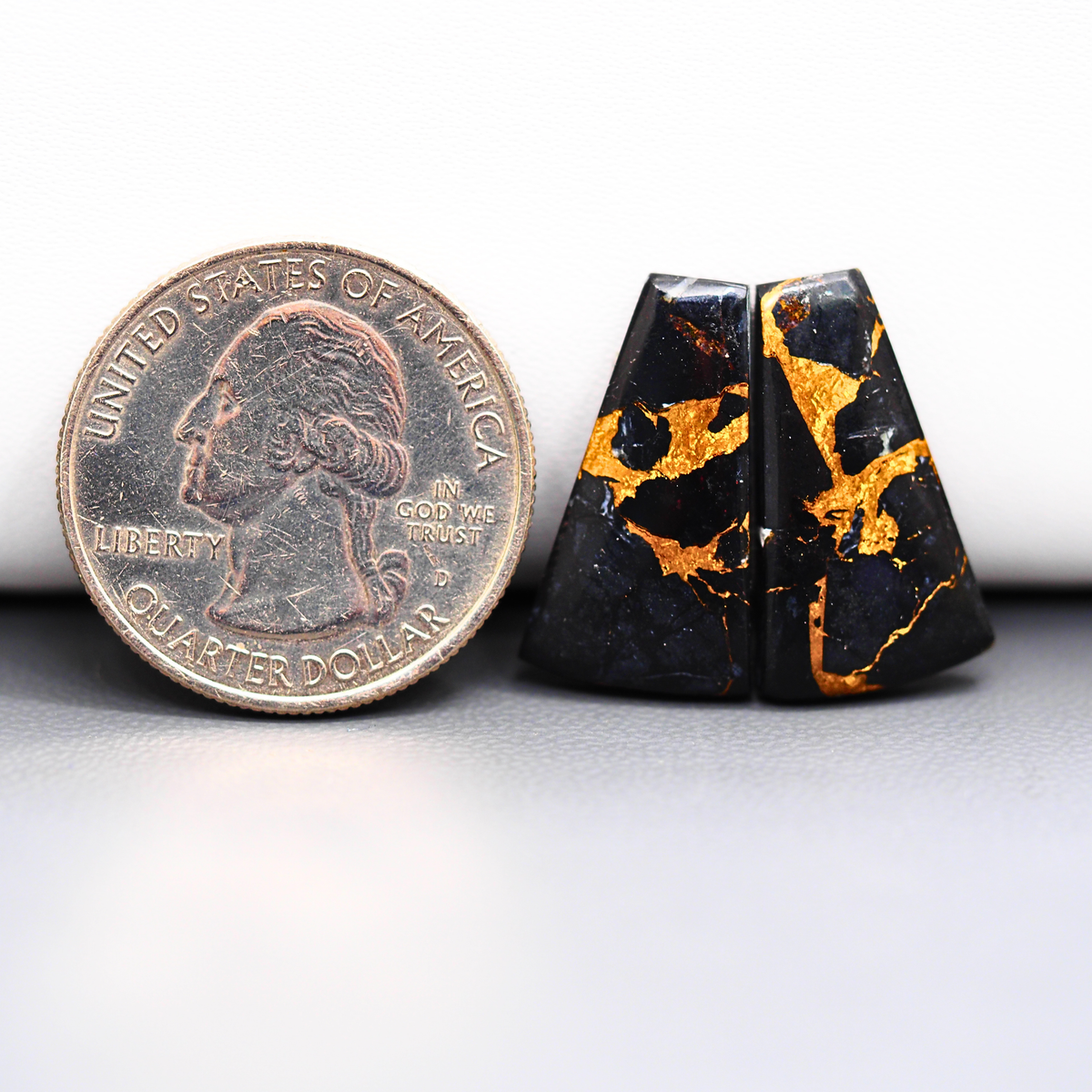 Kingman Black Buffalo Copper Composite Trapezoid Cabochon Pair 21x12x3mm 15ct - black stone with bright copper veins - Pedra Gems