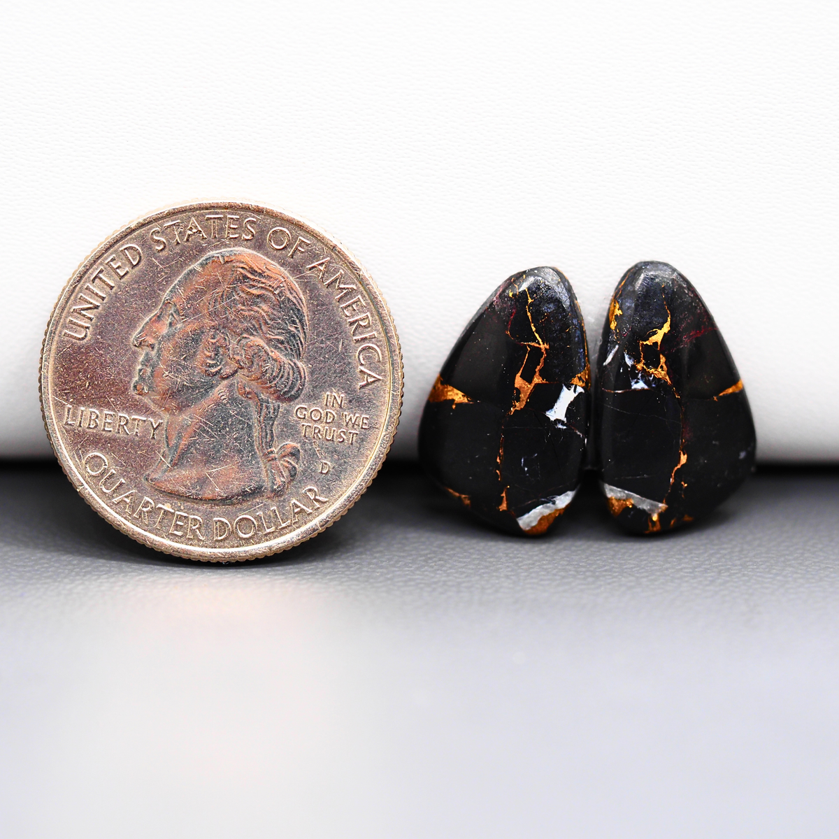 Kingman Black Buffalo Copper Composite Freeform Cabochon Pair 18x11x3mm 10.5ct - black stone with bright copper veins - Pedra Gems