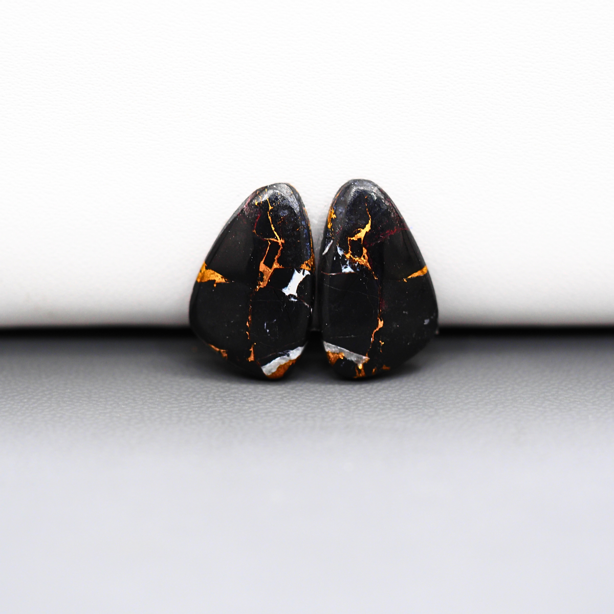 Kingman Black Buffalo Copper Composite Freeform Cabochon Pair 18x11x3mm 10.5ct - black stone with bright copper veins - Pedra Gems