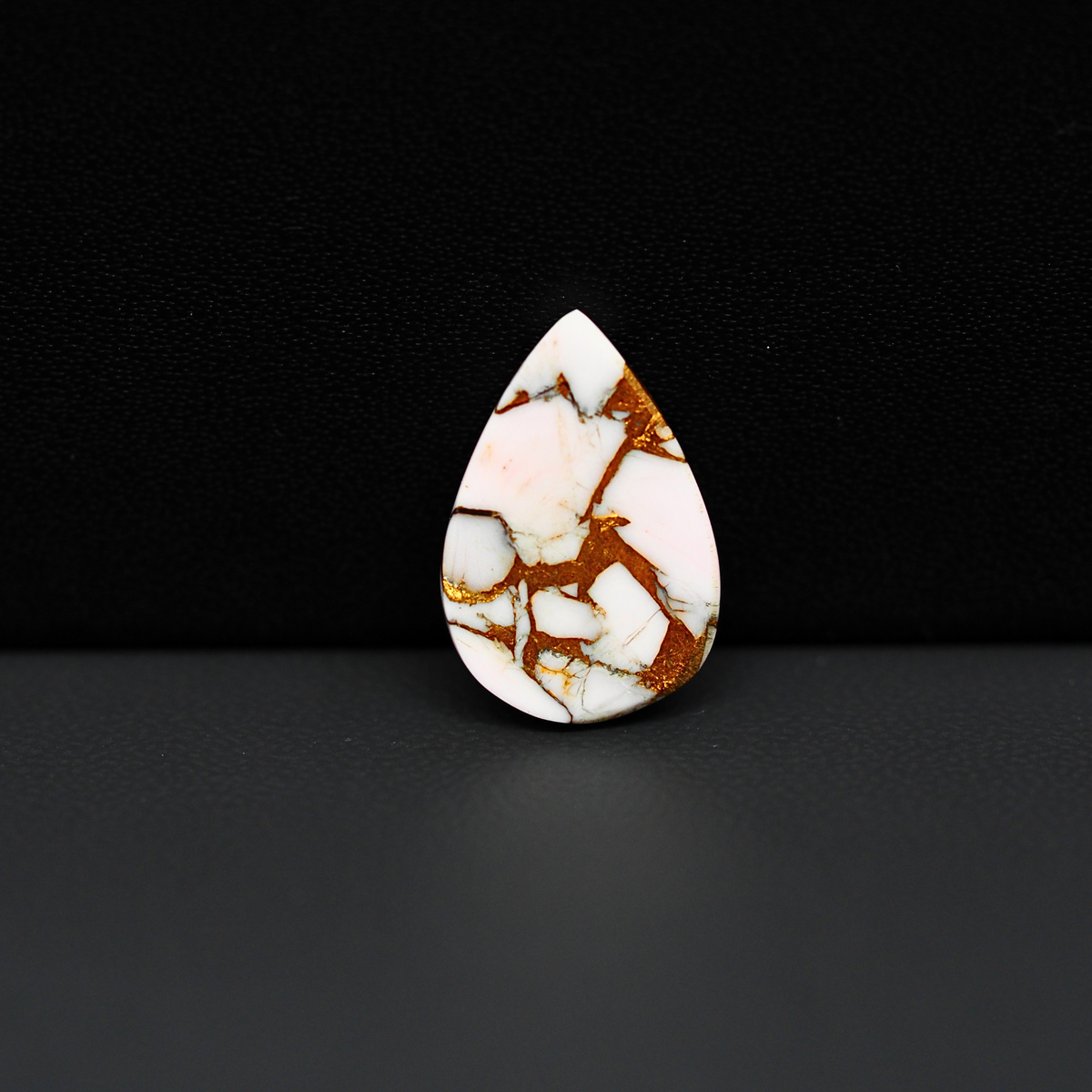 Stabilized Pink Dahlia Pear Cabochon 18x12x3mm 6.5ct - soft pink and white with bronze veining, Kingman Arizona - Pedra Gems.