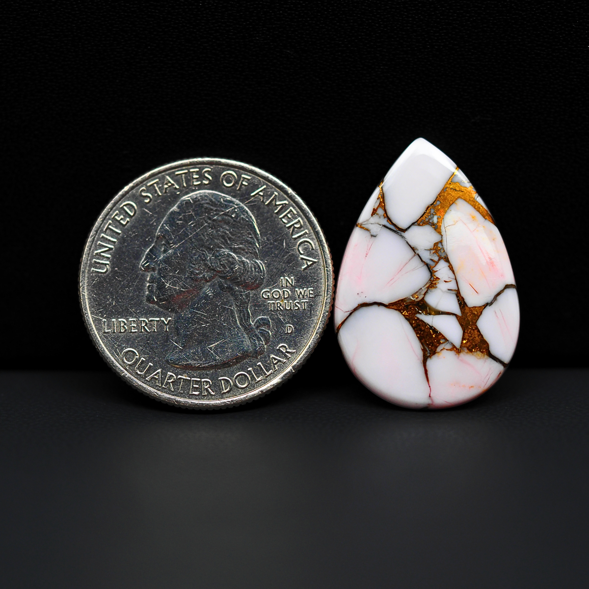 Stabilized Pink Dahlia Pear Cabochon 25x17x2mm 10ct - soft pink and white with bronze veining, Kingman Arizona - Pedra Gems.