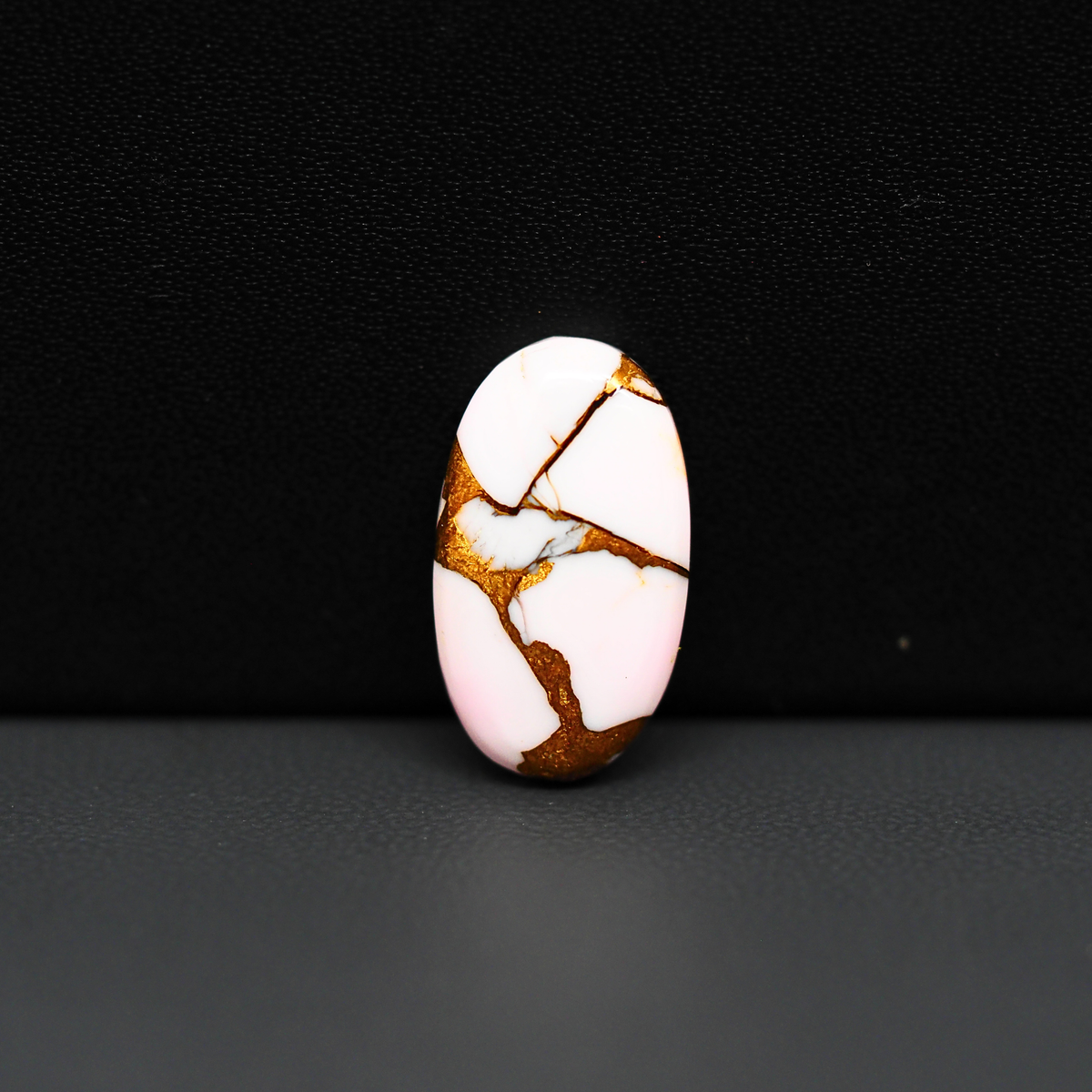 Stabilized Pink Dahlia Oval Cabochon 19x11x4mm 8.5ct - soft pink and white with bronze veining, Kingman Arizona - Pedra Gems.