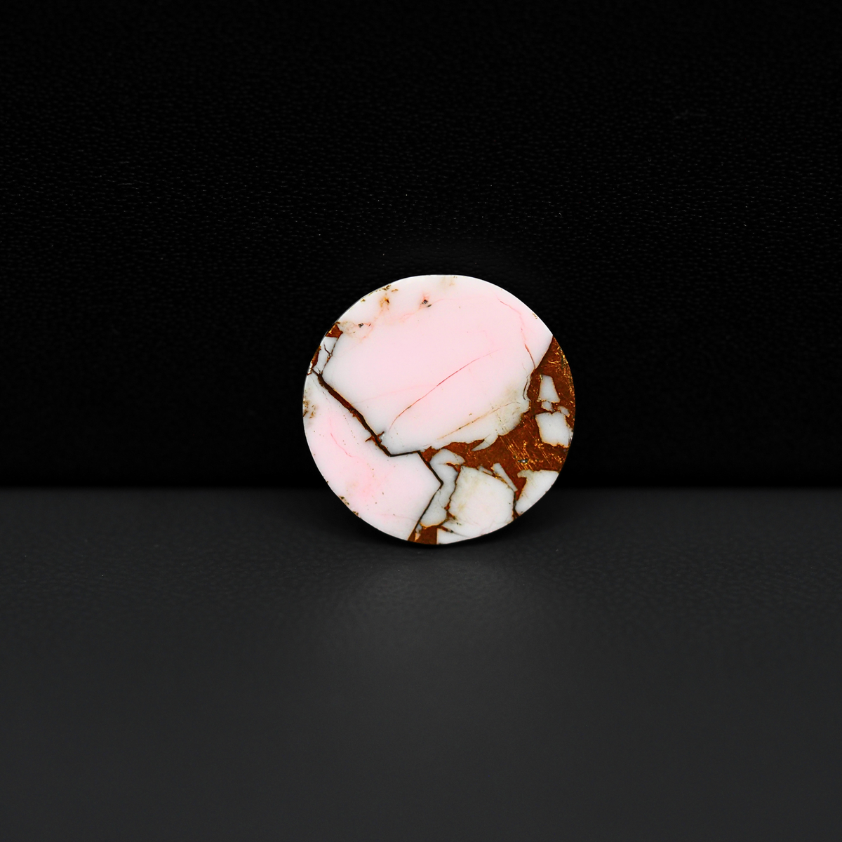 Stabilized Pink Dahlia Round Cabochon 16x16x4mm 9ct - soft pink and white with bronze veining, Kingman Arizona - Pedra Gems.
