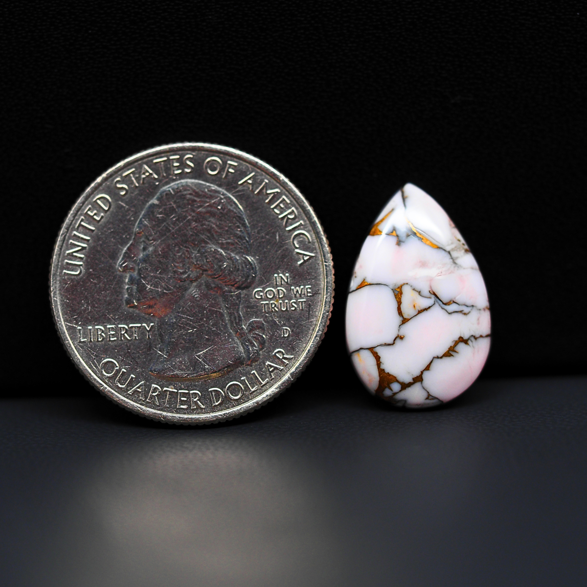 Stabilized Pink Dahlia Pear Cabochon 19x12x4mm 7.5ct - soft pink and white with bronze veining, Kingman Arizona - Pedra Gems.