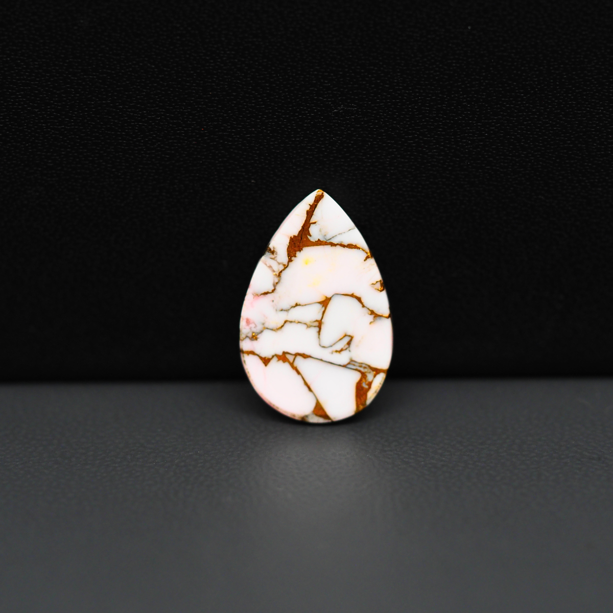 Stabilized Pink Dahlia Pear Cabochon 19x12x4mm 7.5ct - soft pink and white with bronze veining, Kingman Arizona - Pedra Gems.