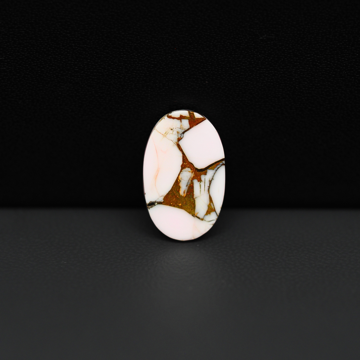 Stabilized Pink Dahlia Oval Cabochon 17x10x4mm 7.5ct - soft pink and white with bronze veining, Kingman Arizona - Pedra Gems.
