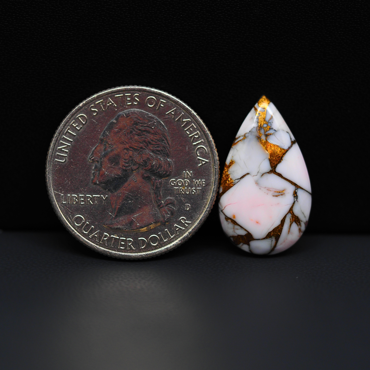 Stabilized Pink Dahlia Pear Cabochon 22x13x4mm 9.5ct - soft pink and white with bronze veining, Kingman Arizona - Pedra Gems.