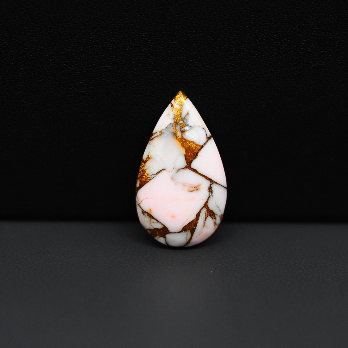 Stabilized Pink Dahlia Pear Cabochon 22x13x4mm 9.5ct - soft pink and white with bronze veining, Kingman Arizona - Pedra Gems.