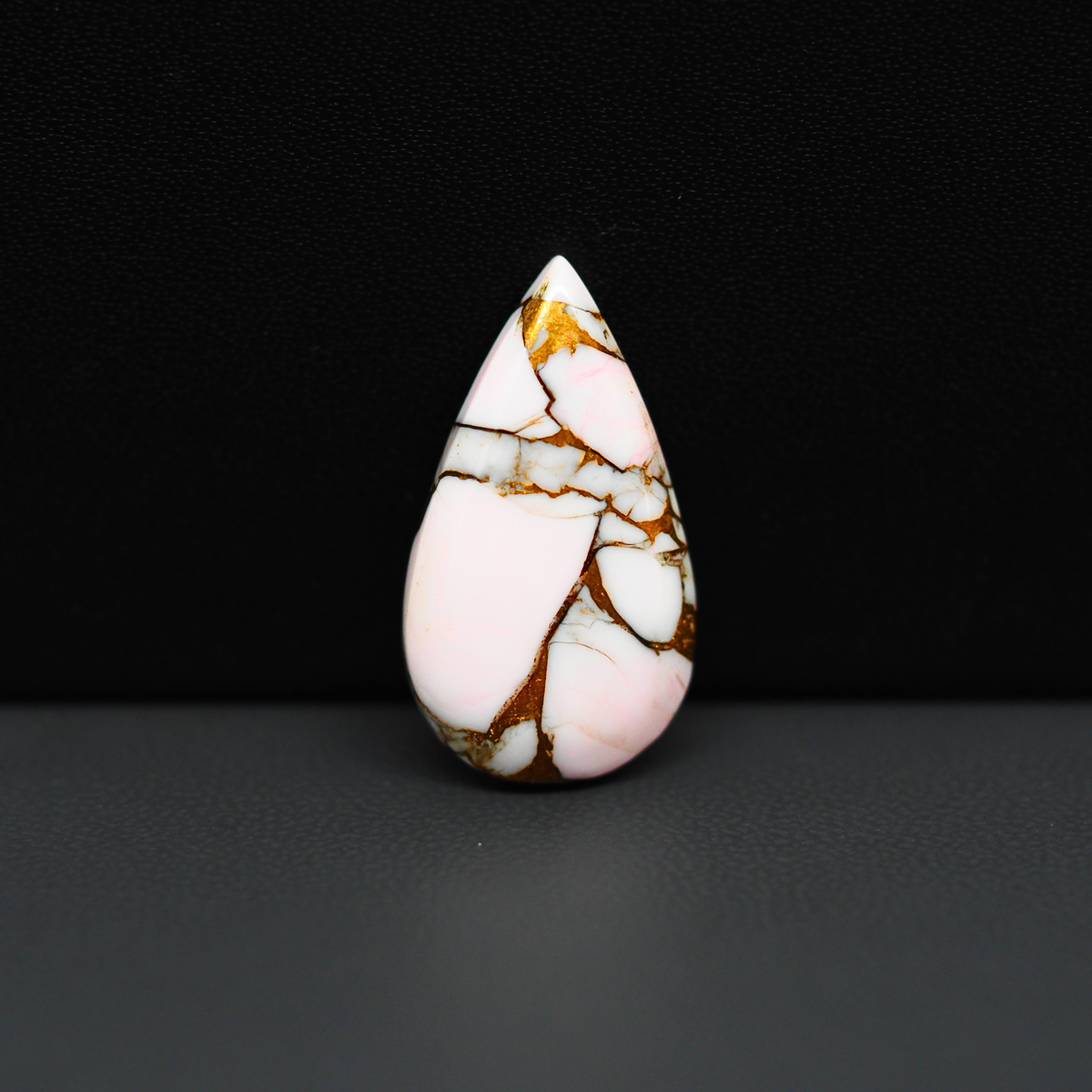 Stabilized Pink Dahlia Pear Cabochon 25x13x4mm 11.5ct - soft pink and white with bronze veining, Kingman Arizona - Pedra Gems.
