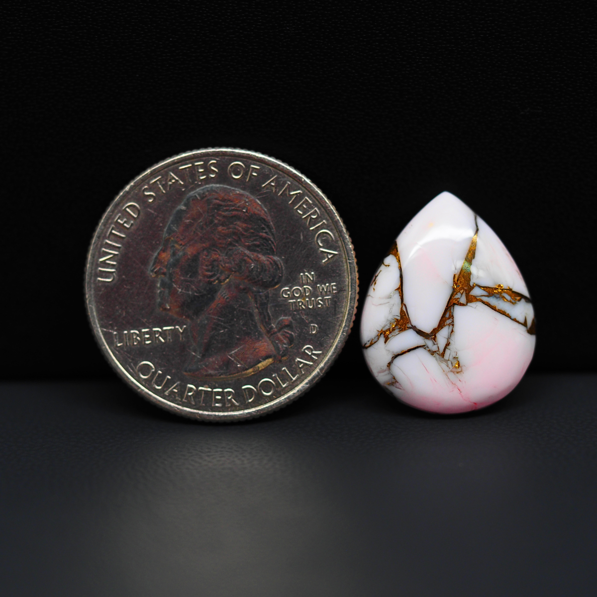 Stabilized Pink Dahlia Pear Cabochon 19x15x4mm 9.5ct - soft pink and white with bronze veining, Kingman Arizona - Pedra Gems.