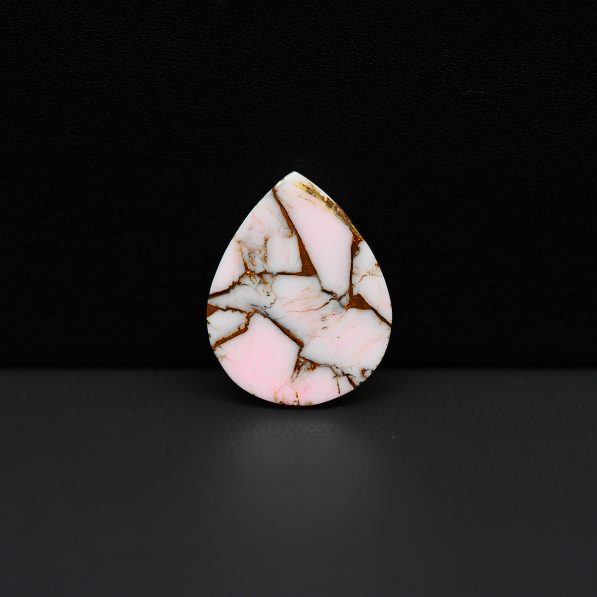 Stabilized Pink Dahlia Pear Cabochon 19x15x4mm 9.5ct - soft pink and white with bronze veining, Kingman Arizona - Pedra Gems.