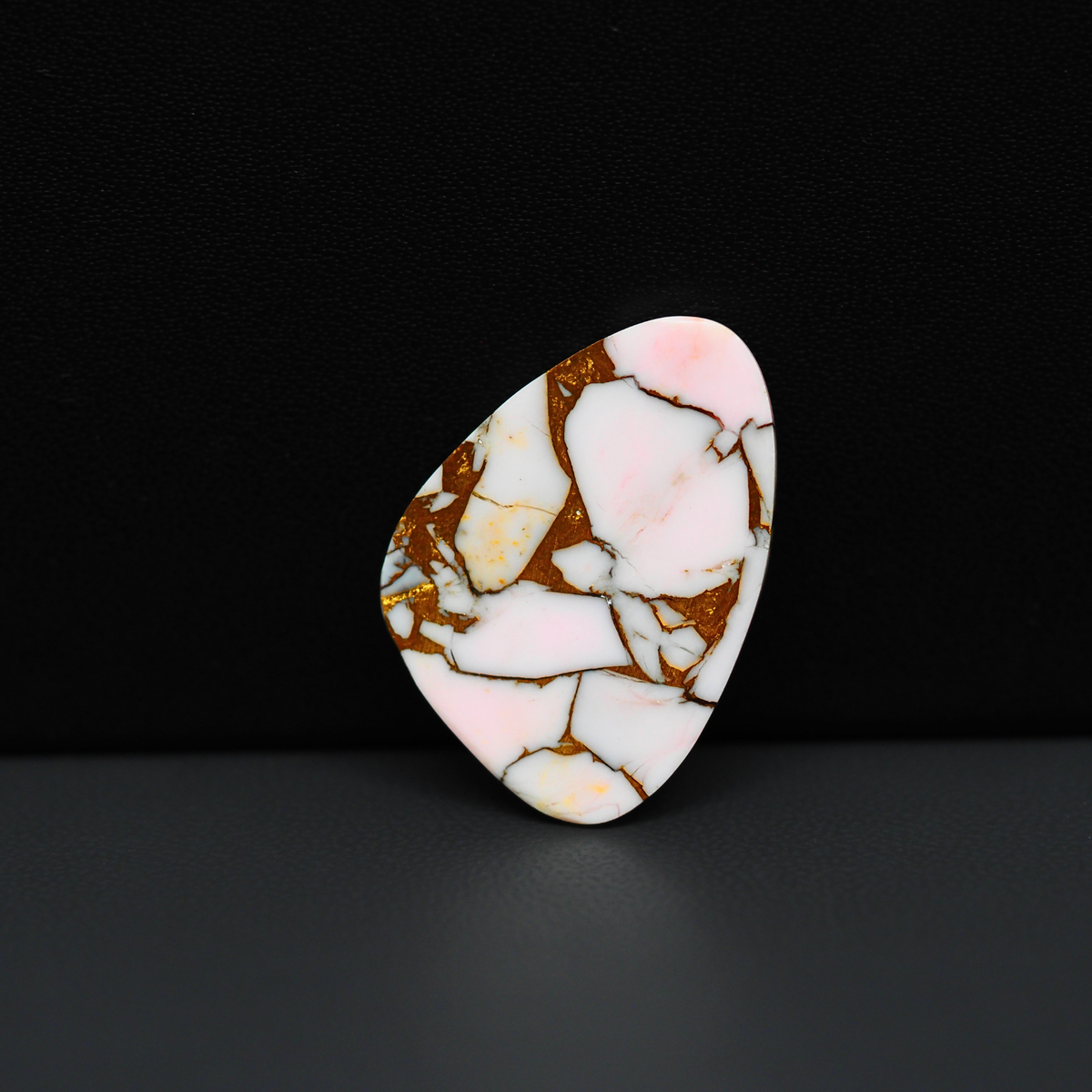 Stabilized Pink Dahlia Freeform Cabochon 25x19x4mm 19ct - soft pink and white with bronze veining, Kingman Arizona - Pedra Gems.