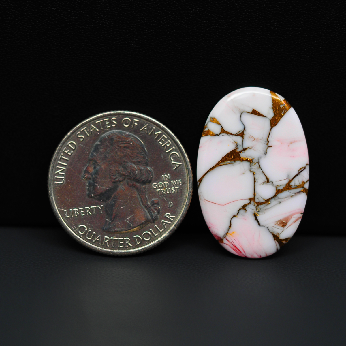 Stabilized Pink Dahlia Oval Cabochon 28x18x2mm 11.5ct - soft pink and white with bronze veining, Kingman Arizona - Pedra Gems.