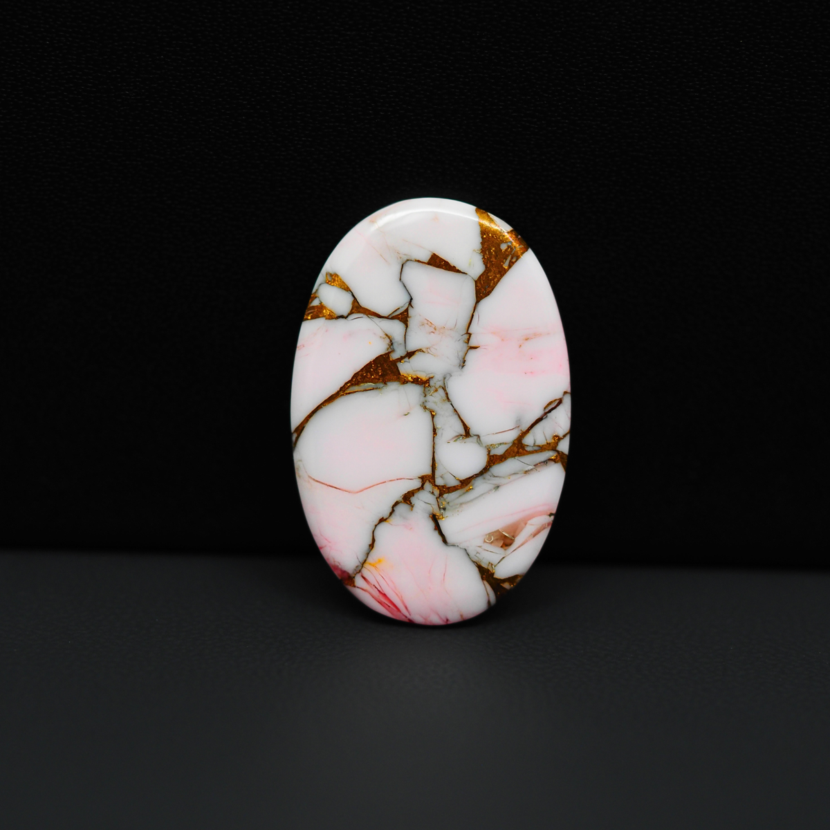 Stabilized Pink Dahlia Oval Cabochon 28x18x2mm 11.5ct - soft pink and white with bronze veining, Kingman Arizona - Pedra Gems.