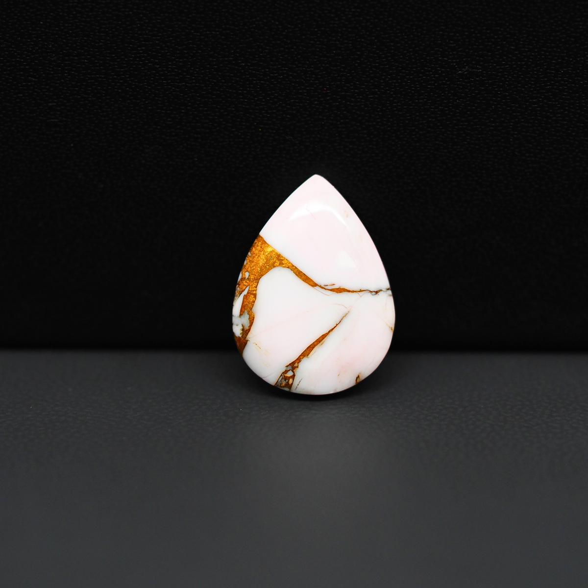 Stabilized Pink Dahlia Pear Cabochon 14x11x3mm 7ct - soft pink and white with bronze veining, Kingman Arizona - Pedra Gems.