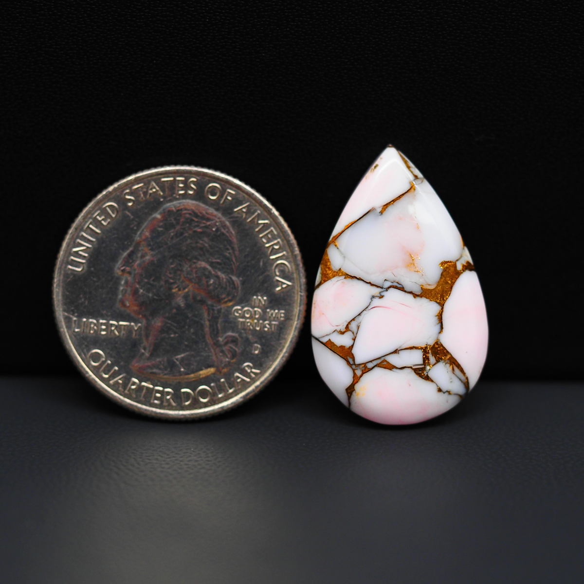Stabilized Pink Dahlia Pear Cabochon 26x17x4mm 15.5ct - soft pink and white with bronze veining, Kingman Arizona - Pedra Gems.