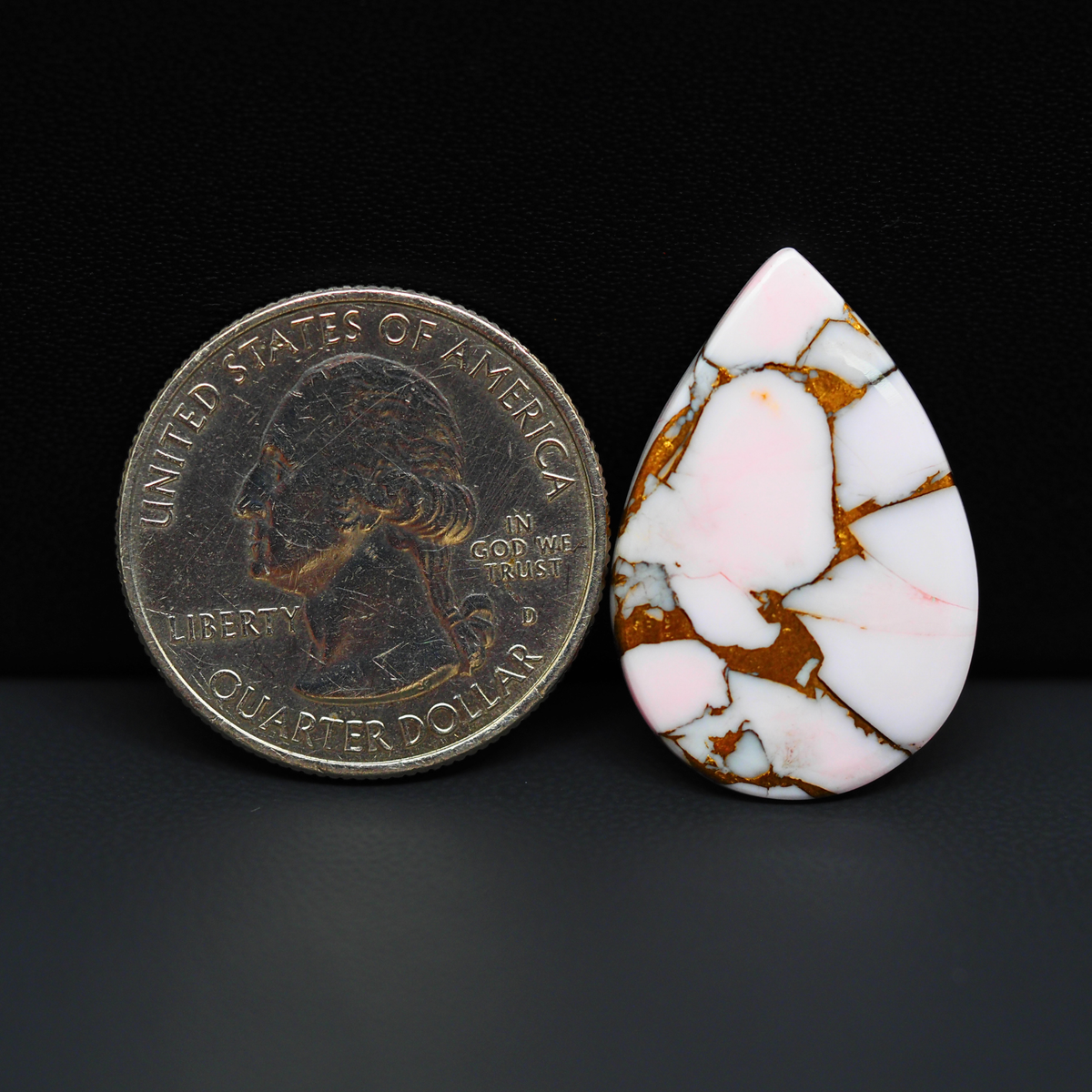 Stabilized Pink Dahlia Pear Cabochon 27x18x3mm 11ct - soft pink and white with bronze veining, Kingman Arizona - Pedra Gems.