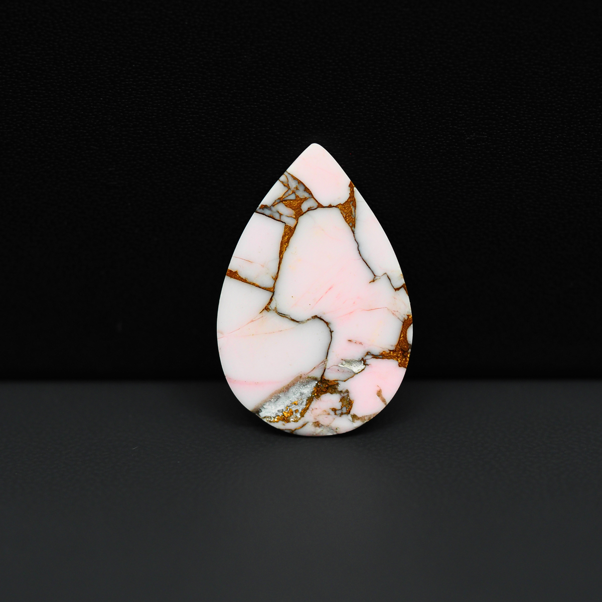 Stabilized Pink Dahlia Pear Cabochon 27x18x3mm 11ct - soft pink and white with bronze veining, Kingman Arizona - Pedra Gems.