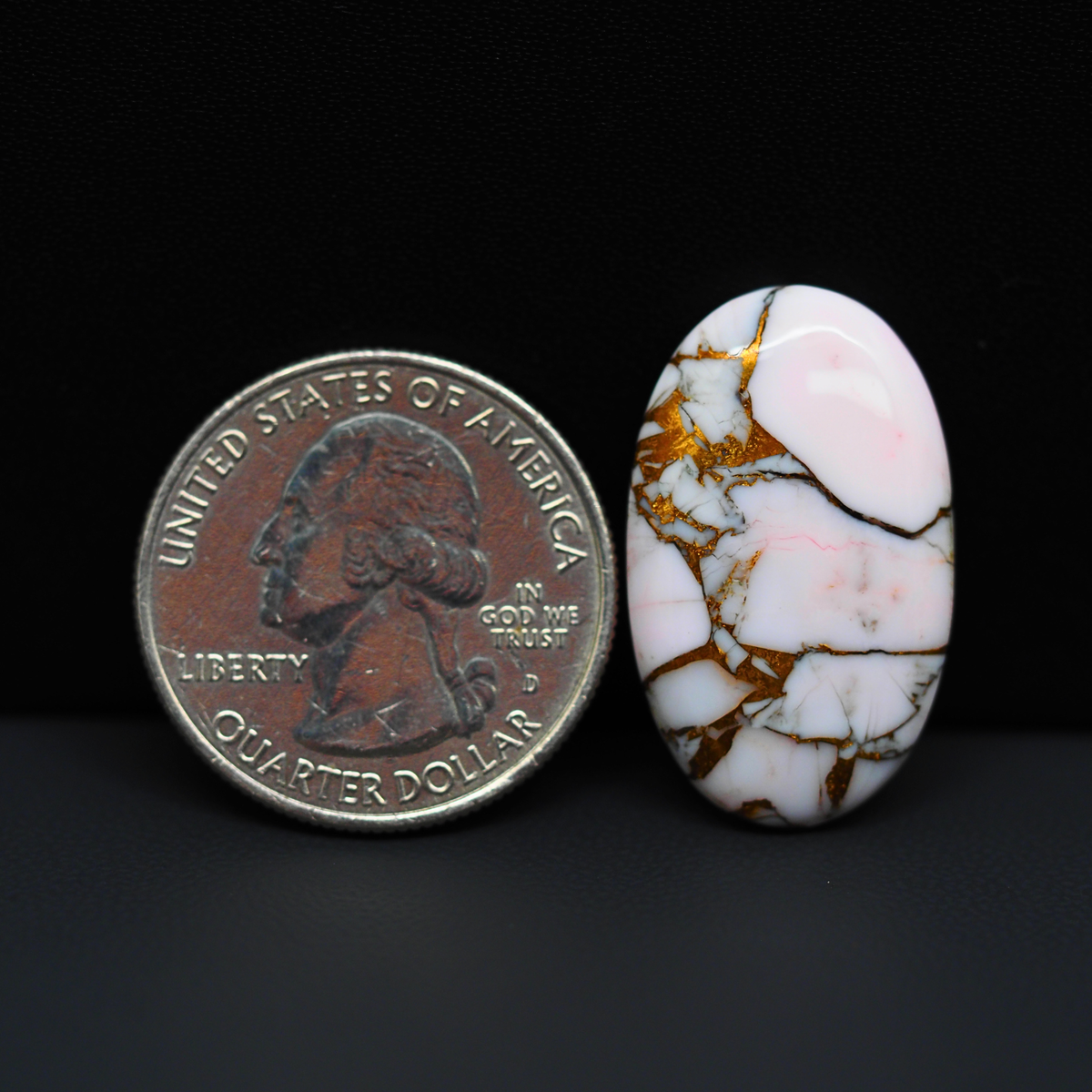 Stabilized Pink Dahlia Oval Cabochon 27x16x4mm 17.5ct - soft pink and white with bronze veining, Kingman Arizona - Pedra Gems.