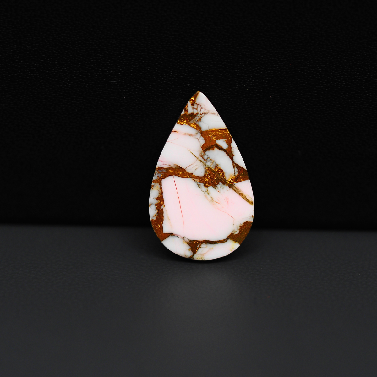 Stabilized Pink Dahlia Pear Cabochon 21x13x3mm 8.5ct - soft pink and white with bronze veining, Kingman Arizona - Pedra Gems.