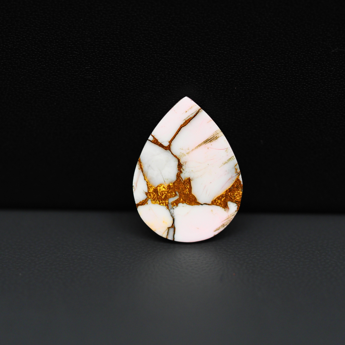Stabilized Pink Dahlia Pear Cabochon 19x14x4mm 9ct - soft pink and white with bronze veining, Kingman Arizona - Pedra Gems.