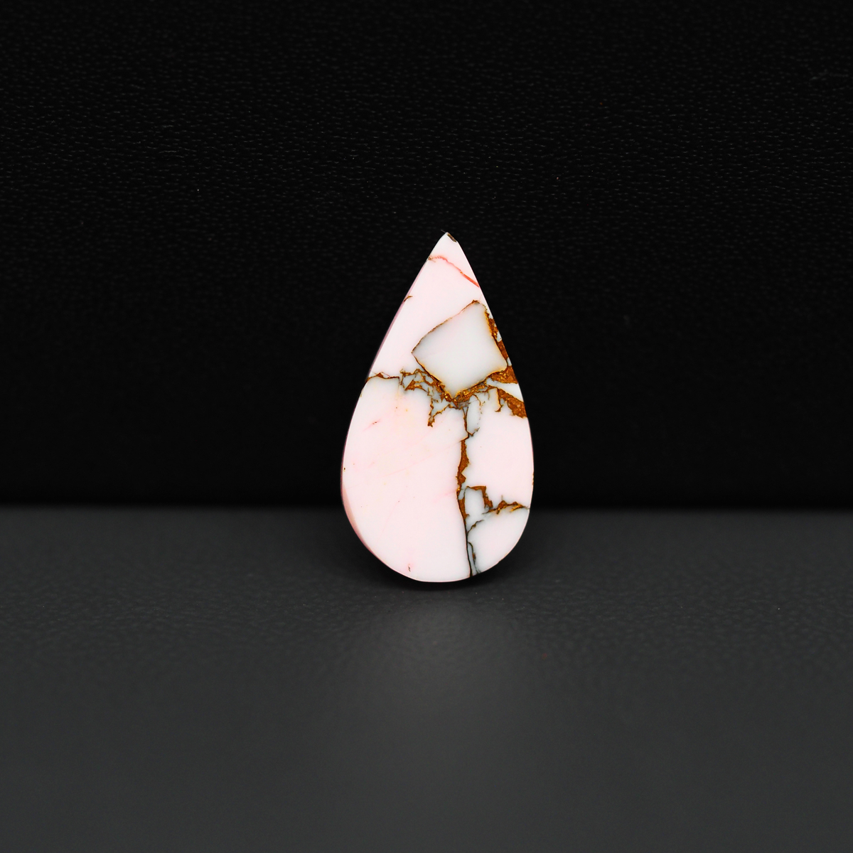 Stabilized Pink Dahlia Pear Cabochon 17x10x4mm 6ct - soft pink and white with bronze veining, Kingman Arizona - Pedra Gems.