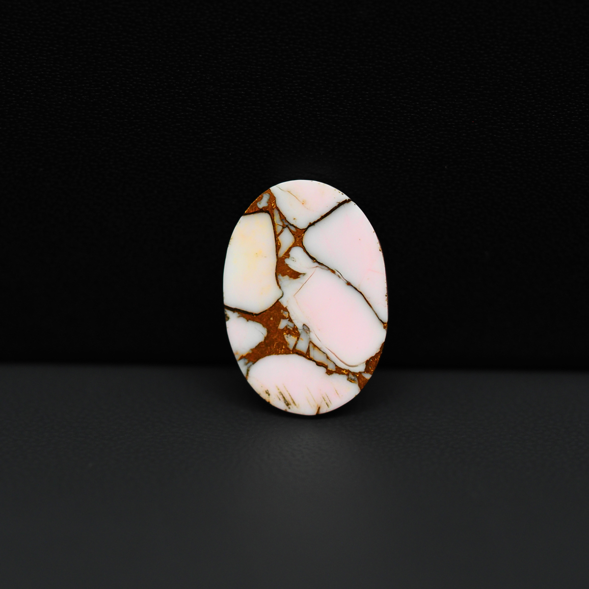 Stabilized Pink Dahlia Oval Cabochon 19x13x4mm 10.5ct - soft pink and white with bronze veining, Kingman Arizona - Pedra Gems.