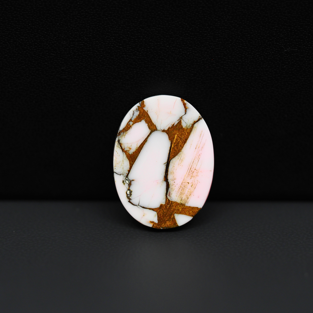 Stabilized Pink Dahlia Oval Cabochon 20x15x4mm 12ct - soft pink and white with bronze veining, Kingman Arizona - Pedra Gems.