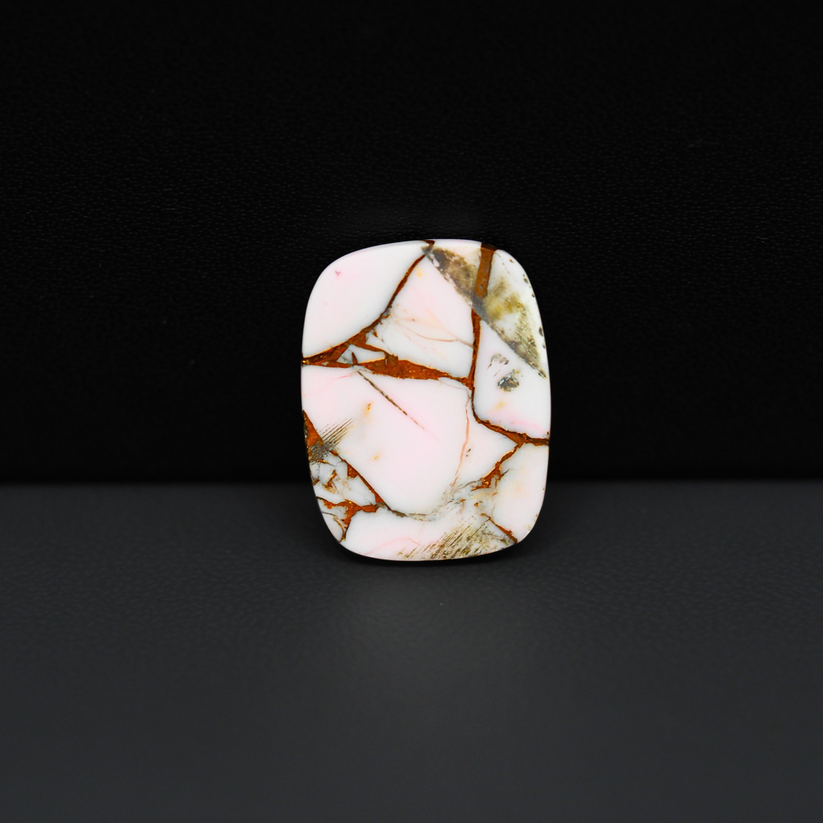 Stabilized Pink Dahlia Cushion Cabochon 20x15x4mm 13ct - soft pink and white with bronze veining, Kingman Arizona - Pedra Gems.