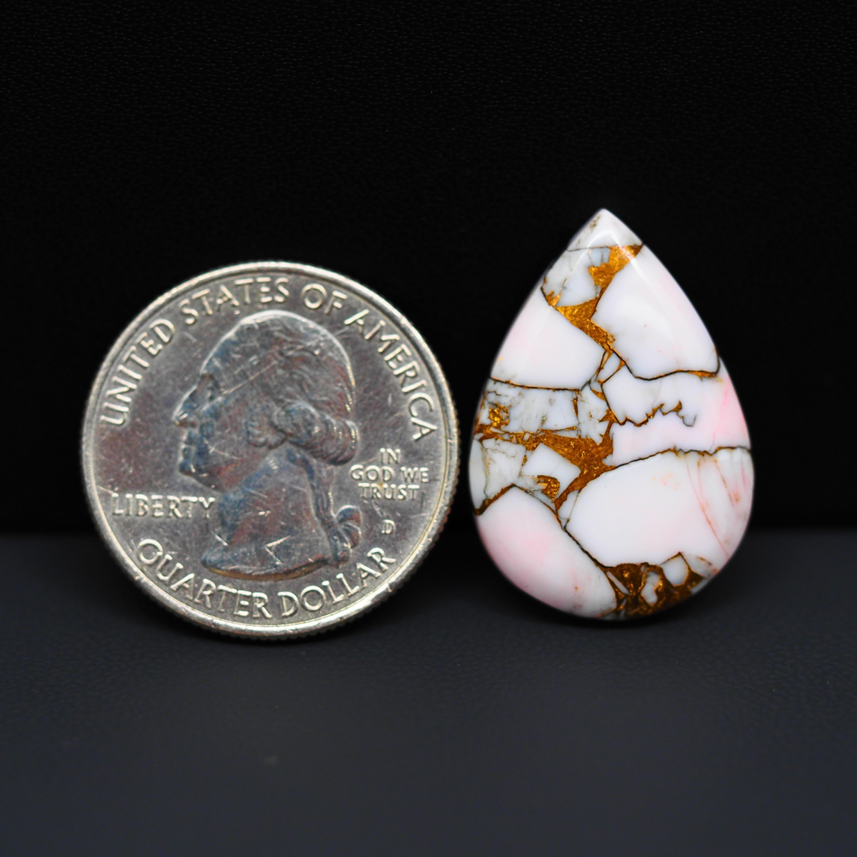 Stabilized Pink Dahlia Pear Cabochon 26x18x4mm 16ct - soft pink and white with bronze veining, Kingman Arizona - Pedra Gems.