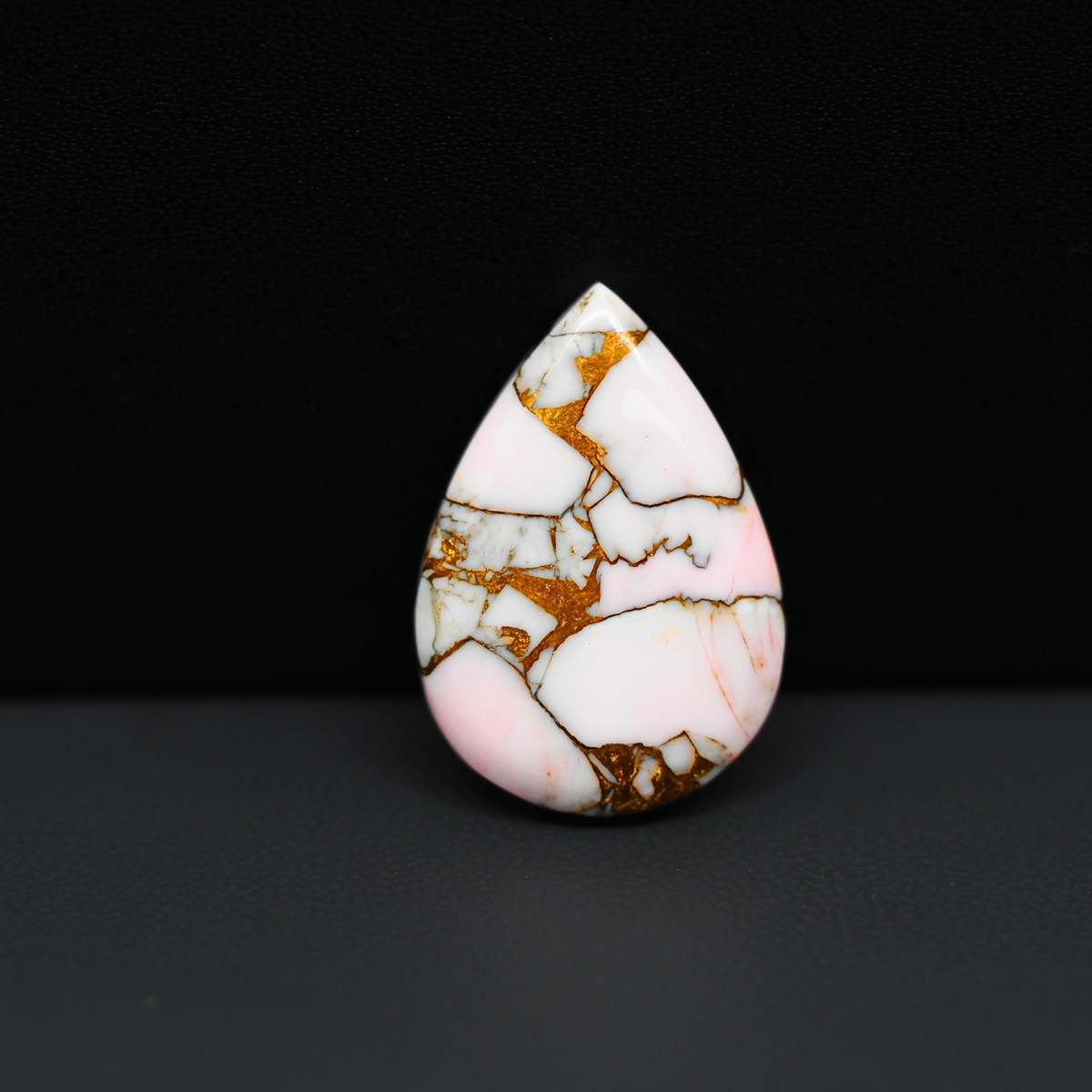 Stabilized Pink Dahlia Pear Cabochon 26x18x4mm 16ct - soft pink and white with bronze veining, Kingman Arizona - Pedra Gems.