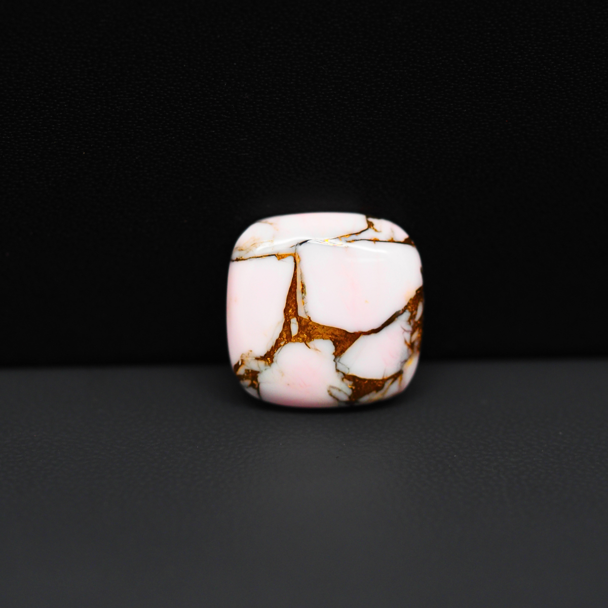 Stabilized Pink Dahlia Cushion Cabochon 17x16x4mm 12.5ct - soft pink and white with bronze veining, Kingman Arizona - Pedra Gems.