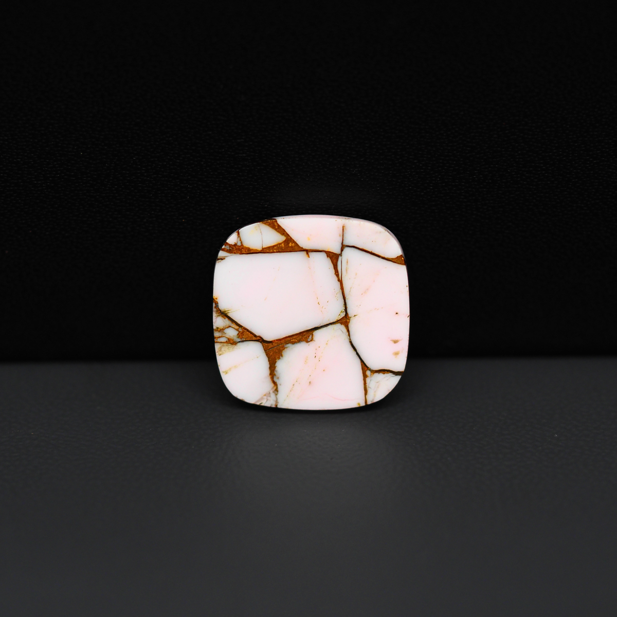 Stabilized Pink Dahlia Cushion Cabochon 17x16x4mm 12.5ct - soft pink and white with bronze veining, Kingman Arizona - Pedra Gems.