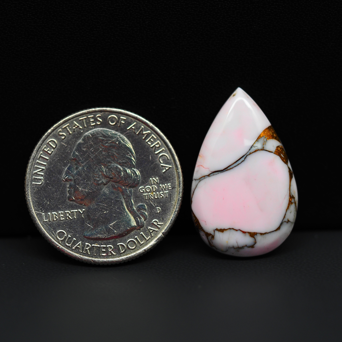 Stabilized Pink Dahlia Pear Cabochon 26x16x4mm 14ct - soft pink and white with bronze veining, Kingman Arizona - Pedra Gems.
