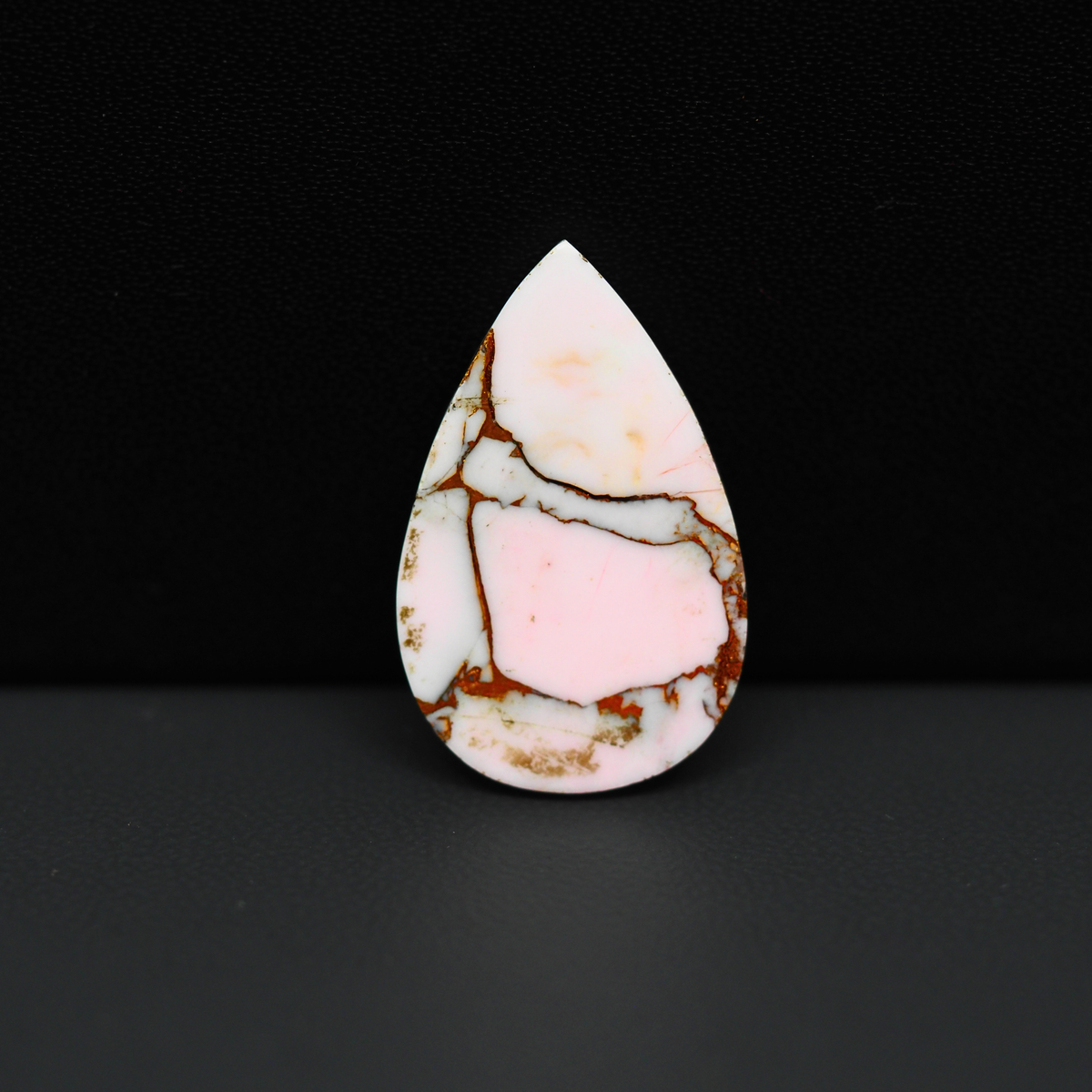 Stabilized Pink Dahlia Pear Cabochon 26x16x4mm 14ct - soft pink and white with bronze veining, Kingman Arizona - Pedra Gems.