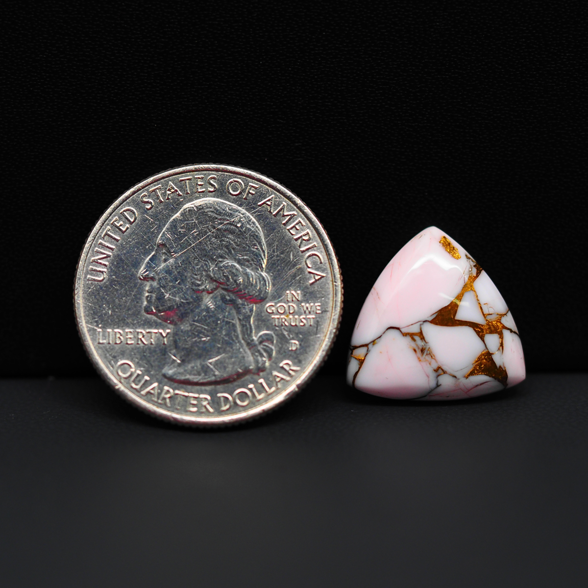 Stabilized Pink Dahlia Trillion Cabochon 16x16x4mm 8.5ct - soft pink and white with bronze veining, Kingman Arizona - Pedra Gems.