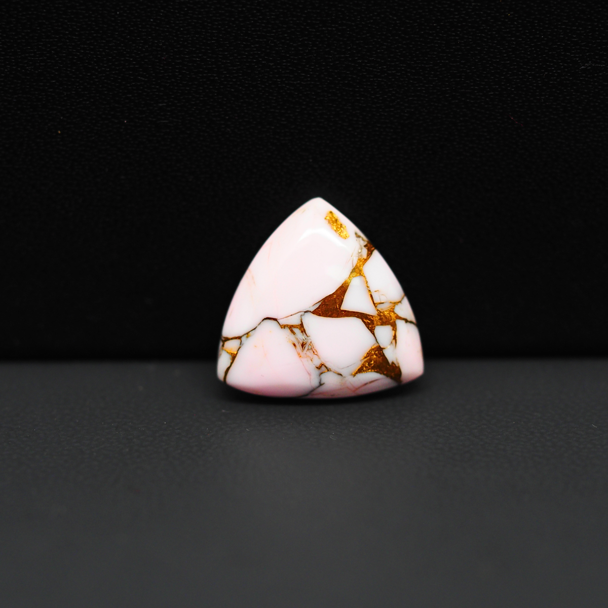 Stabilized Pink Dahlia Trillion Cabochon 16x16x4mm 8.5ct - soft pink and white with bronze veining, Kingman Arizona - Pedra Gems.