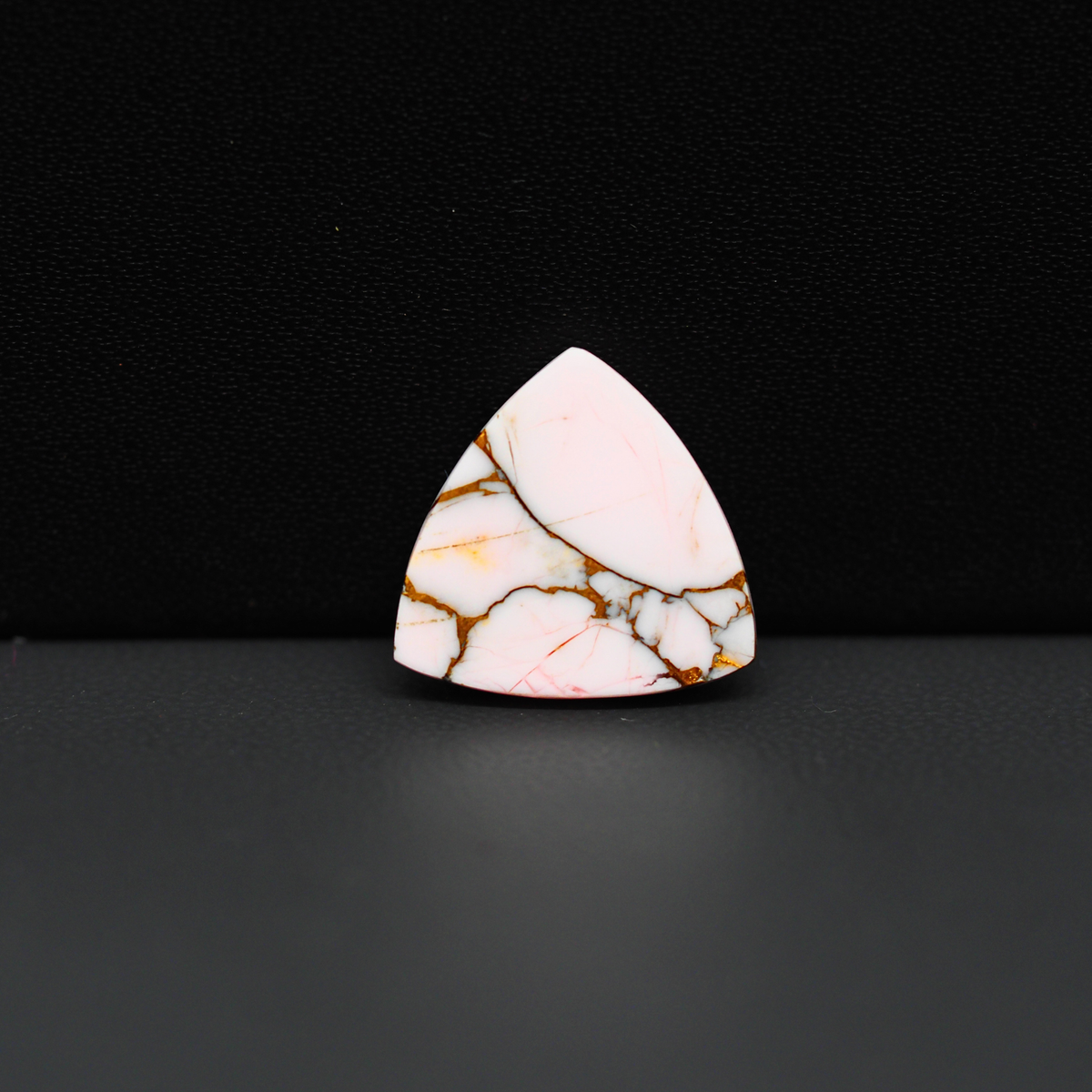Stabilized Pink Dahlia Trillion Cabochon 16x16x4mm 8.5ct - soft pink and white with bronze veining, Kingman Arizona - Pedra Gems.