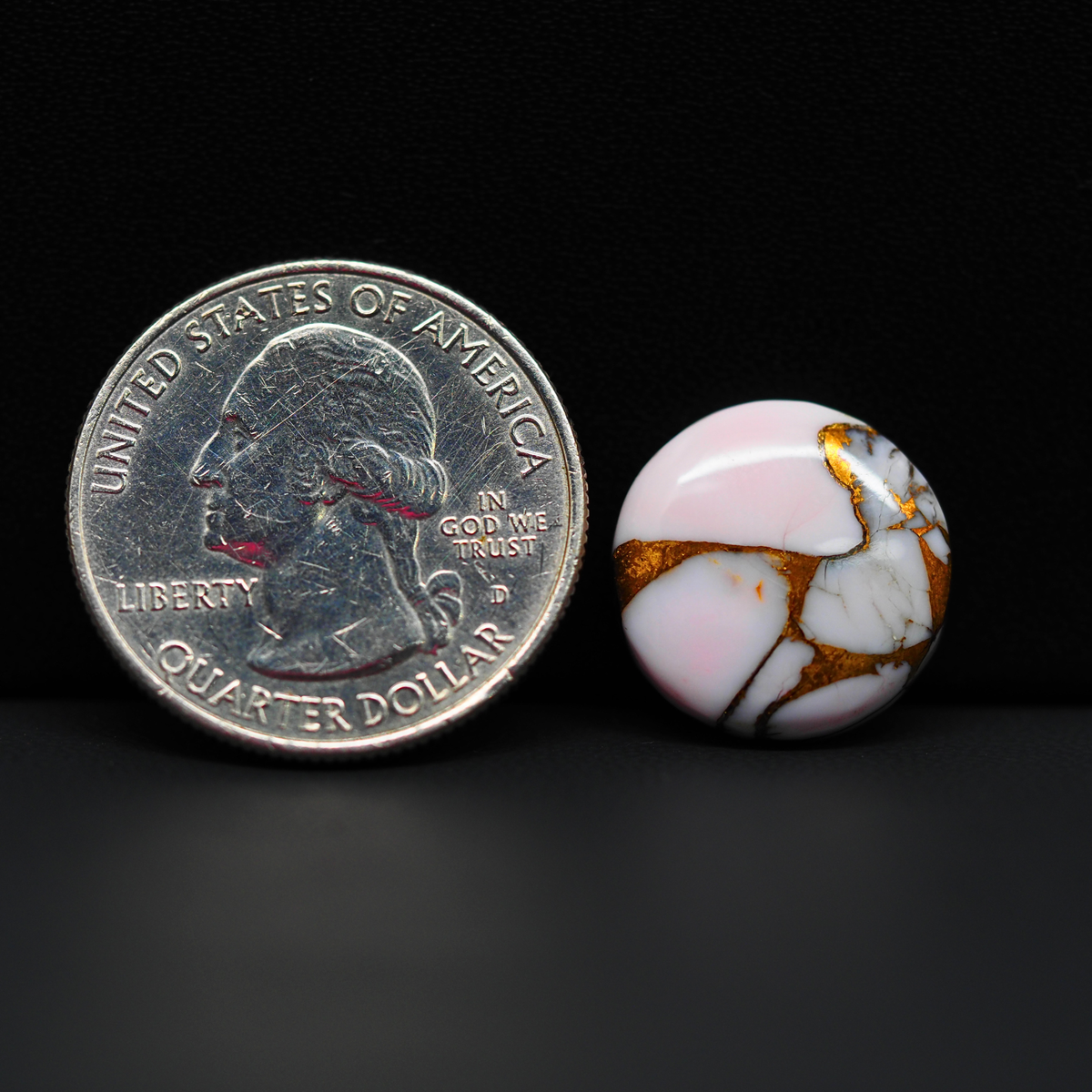 Stabilized Pink Dahlia Round Cabochon 16x16x4mm 9.5ct - soft pink and white with bronze veining, Kingman Arizona - Pedra Gems.