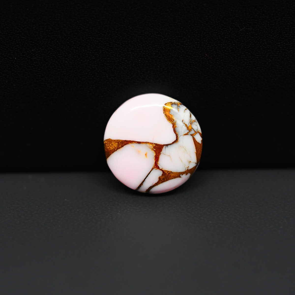 Stabilized Pink Dahlia Round Cabochon 16x16x4mm 9.5ct - soft pink and white with bronze veining, Kingman Arizona - Pedra Gems.