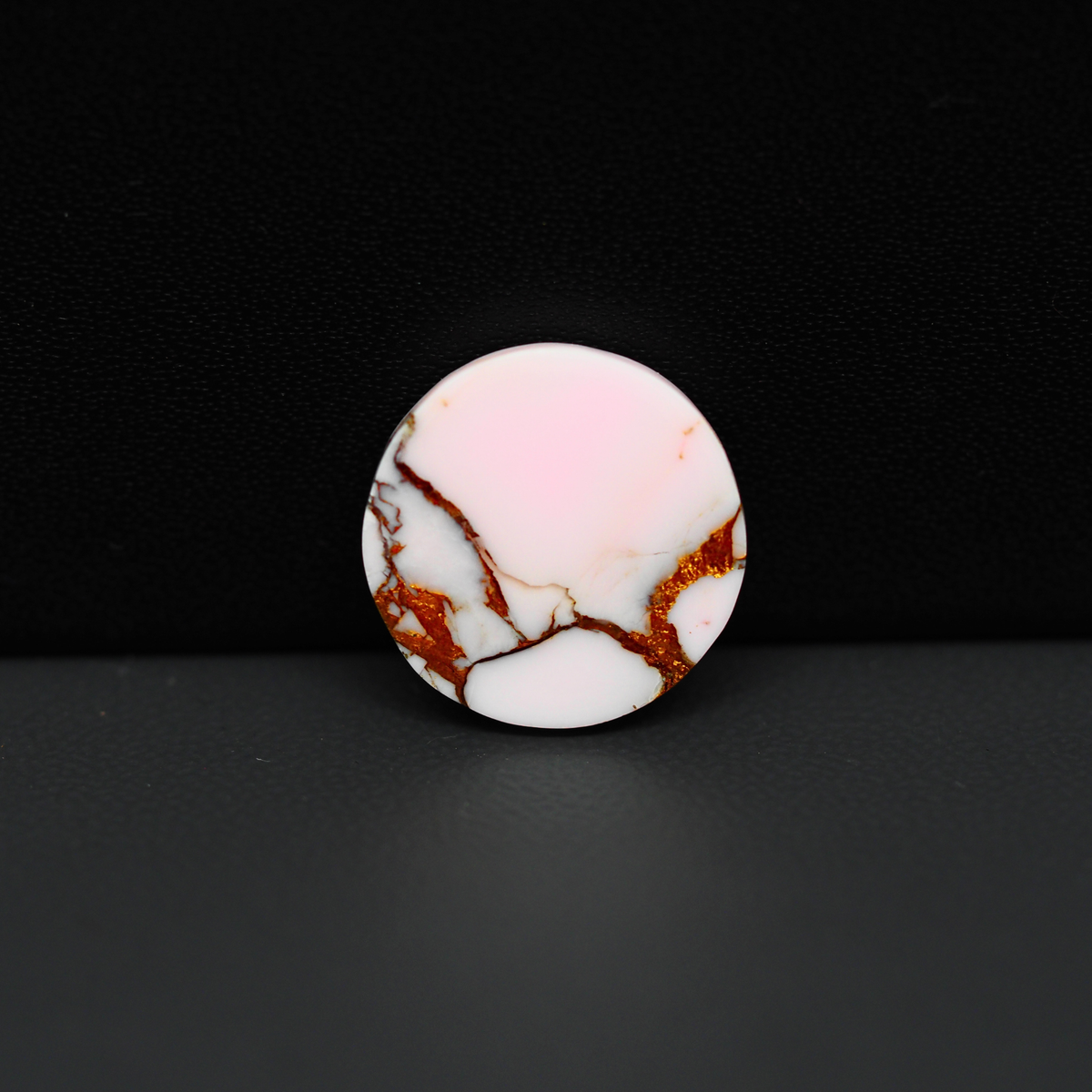 Stabilized Pink Dahlia Round Cabochon 16x16x4mm 9.5ct - soft pink and white with bronze veining, Kingman Arizona - Pedra Gems.