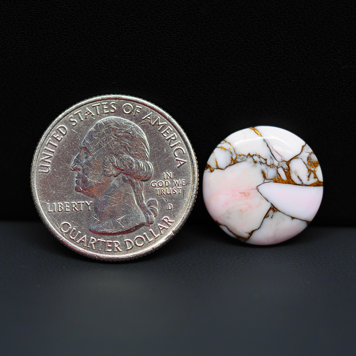 Stabilized Pink Dahlia Round Cabochon 17x17x4mm 10ct - soft pink and white with bronze veining, Kingman Arizona - Pedra Gems.