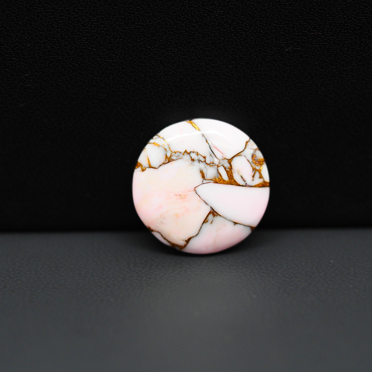 Stabilized Pink Dahlia Round Cabochon 17x17x4mm 10ct - soft pink and white with bronze veining, Kingman Arizona - Pedra Gems.