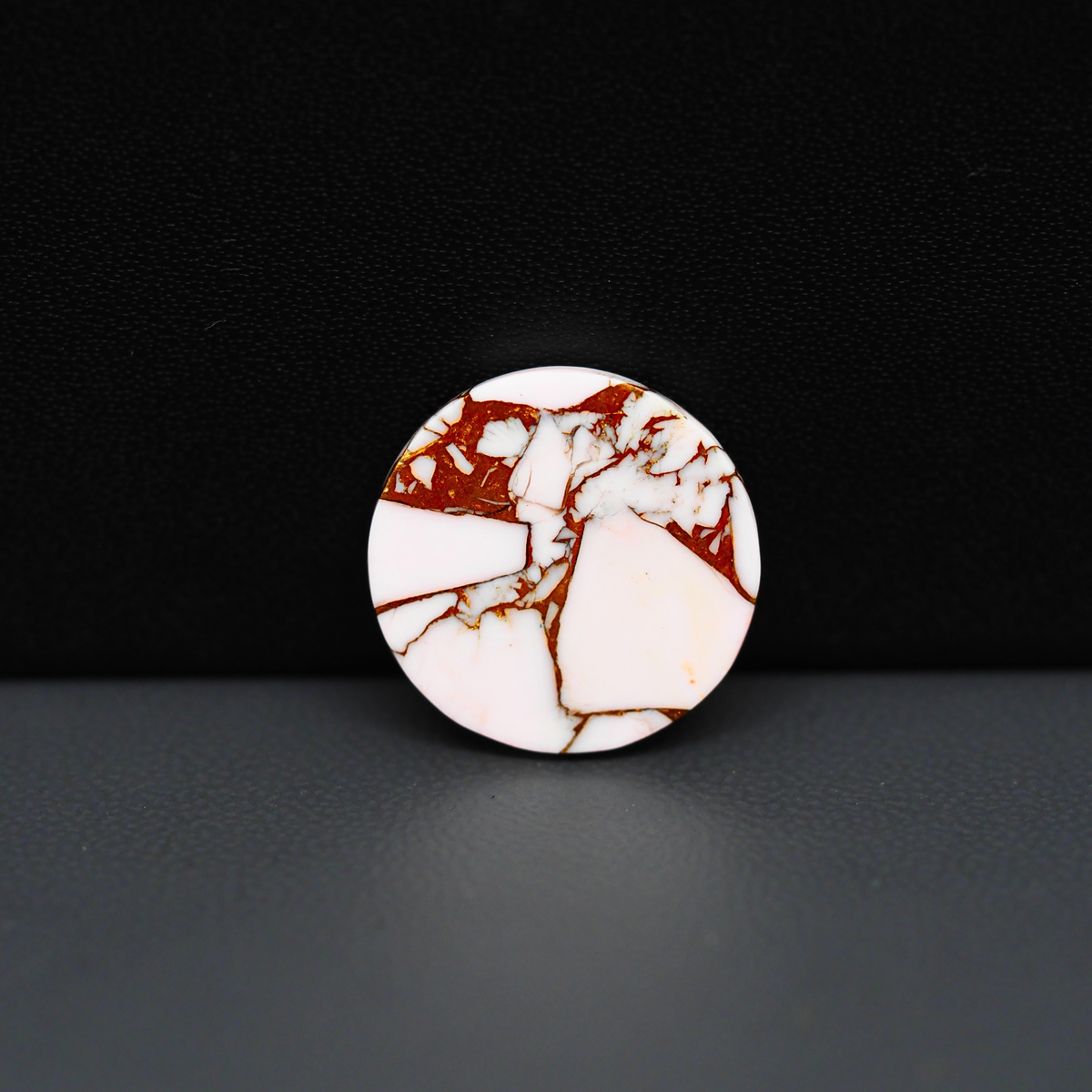 Stabilized Pink Dahlia Round Cabochon 17x17x4mm 10ct - soft pink and white with bronze veining, Kingman Arizona - Pedra Gems.