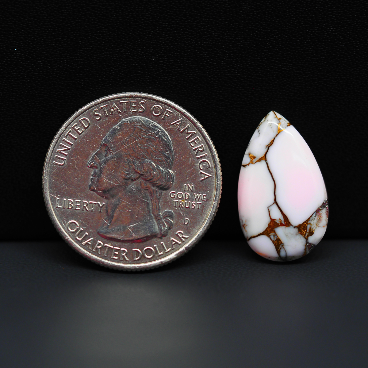 Stabilized Pink Dahlia Pear Cabochon 20x12x4mm 8ct - soft pink and white with bronze veining, Kingman Arizona - Pedra Gems.